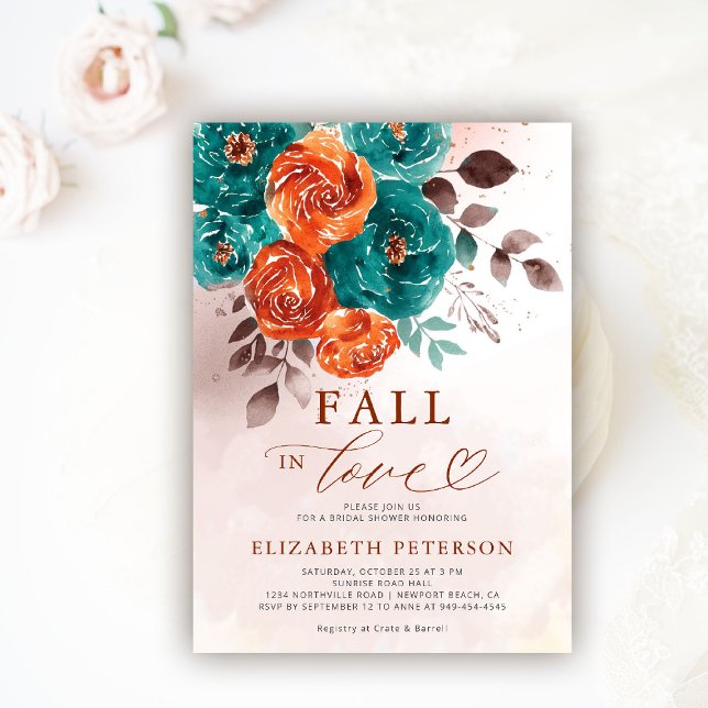 Invitación Cae en amor Terracota Verde azulada ducha nudista  (fall in love wedding bridal shower invitation teal burnt orange terracotta watercolor calligraphy)