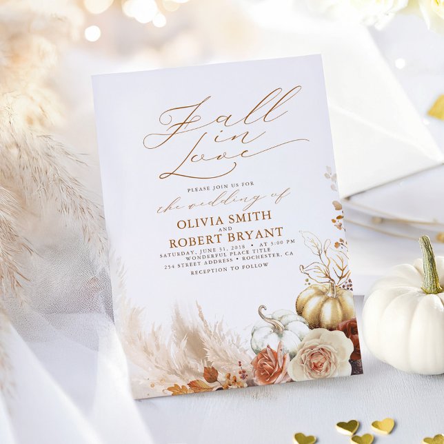 Invitación Cae en amor Terracota y Boda de calabazas de oro (Pumpkins Fall In Love Terracotta Wedding Invitations)
