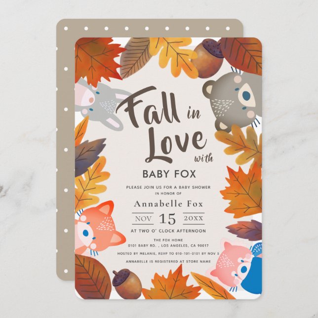 Invitación Cae en amor Woodland Animals Baby Shower Brown (Anverso / Reverso)