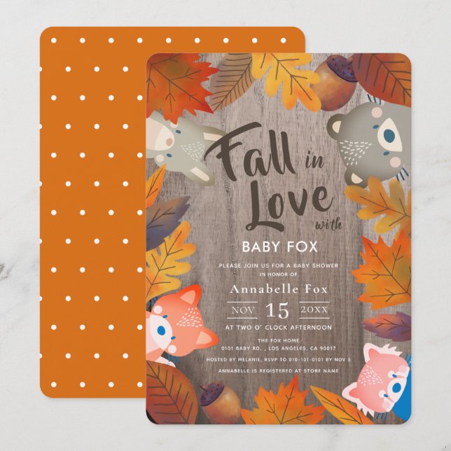 Invitación Cae en amor Woodland Animals Wood Baby Shower (Anverso / Reverso)