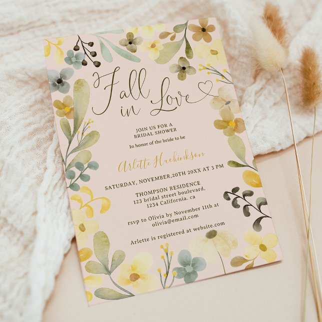 Invitación Cae en el amor boho floral otoño moda ducha de nov (Fall in love boho floral autumn chic bridal shower invitation)