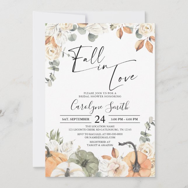 Invitación Cae en el amor Boho Otoño Calabaza ducha de novias (Anverso)
