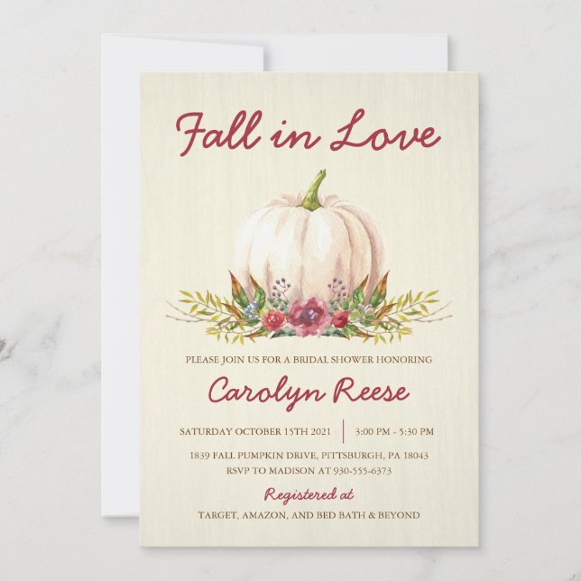 Invitación Cae en el amor Calabaza blanca Ducha Bridal Otoño (Anverso)