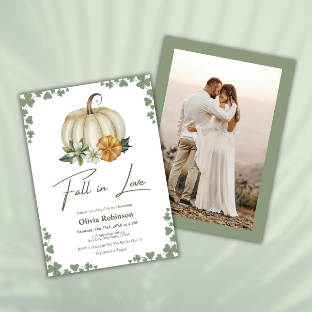 Invitación Cae en el amor La Calabaza de la Calabaza de la Ve (Fall in Love Greenery Pumpkin Photo Bridal Shower Invitation  )