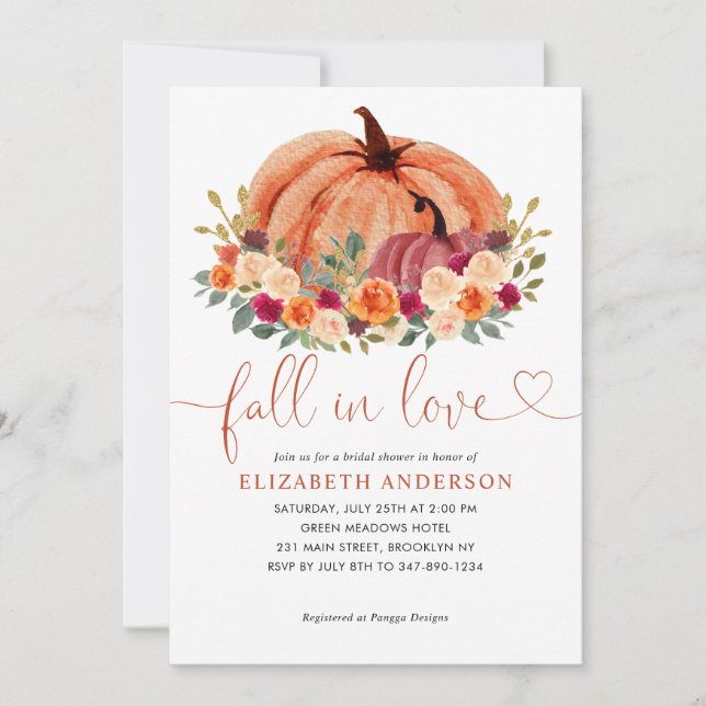 Invitación Cae enamorada de la ducha de novia de la calabaza  (Anverso)