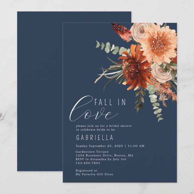 Invitación Cae Enamorada Terracota Floral Azul Ducha De Novia (Anverso / Reverso)