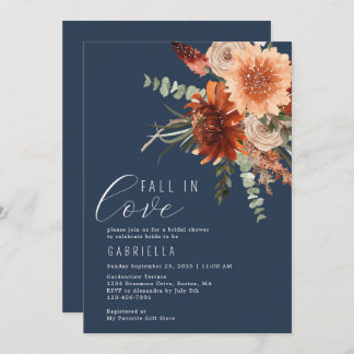 Invitación Cae Enamorada Terracota Floral Azul Ducha De Novia