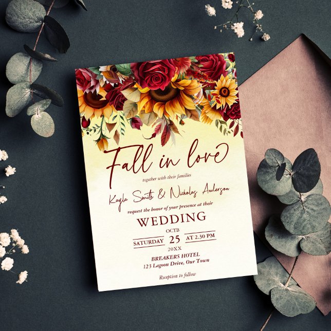 Invitación Cae enamorado rosas burdeos girasoles boda (Fall in love burgundy roses sunflowers wedding invitation editable template instant download)