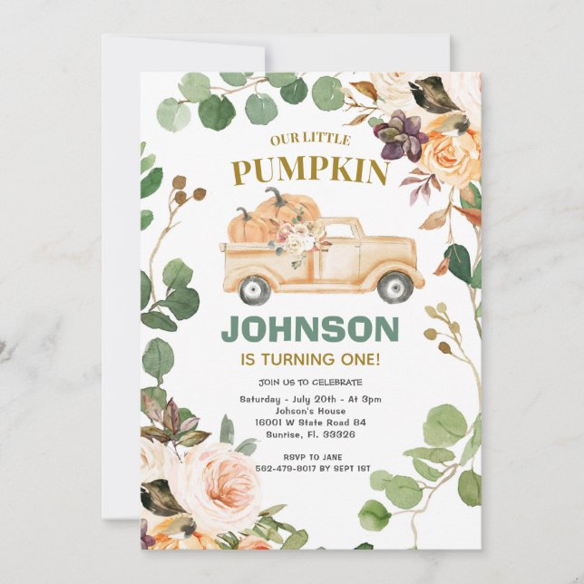 Invitación Cae Fiesta de Camión de Calabaza Primer Cumpleaños (Anverso)