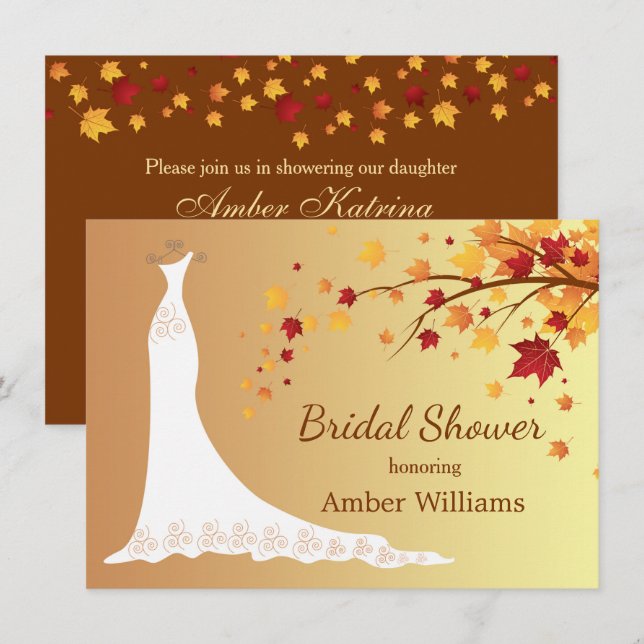 Invitación Cae hojas de otoño, boda vestido con ducha de novi (Anverso / Reverso)
