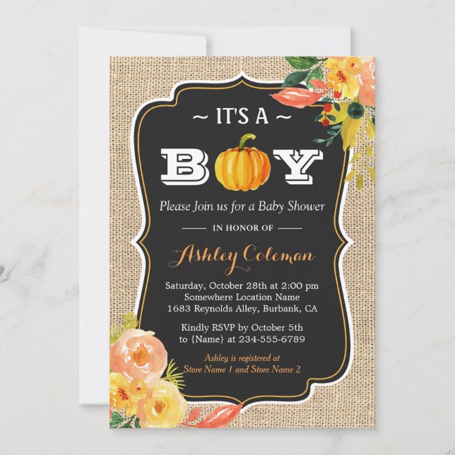 Invitación Cae la calabaza Baby Shower es un niño rúbrica (Anverso)