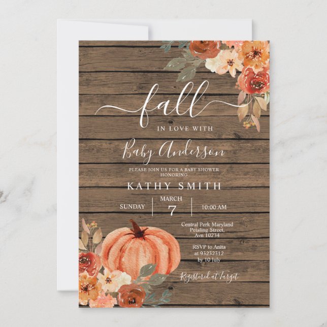Invitación Cae La Madera Enamorada Boho Floral Calabaza Baby  (Anverso)