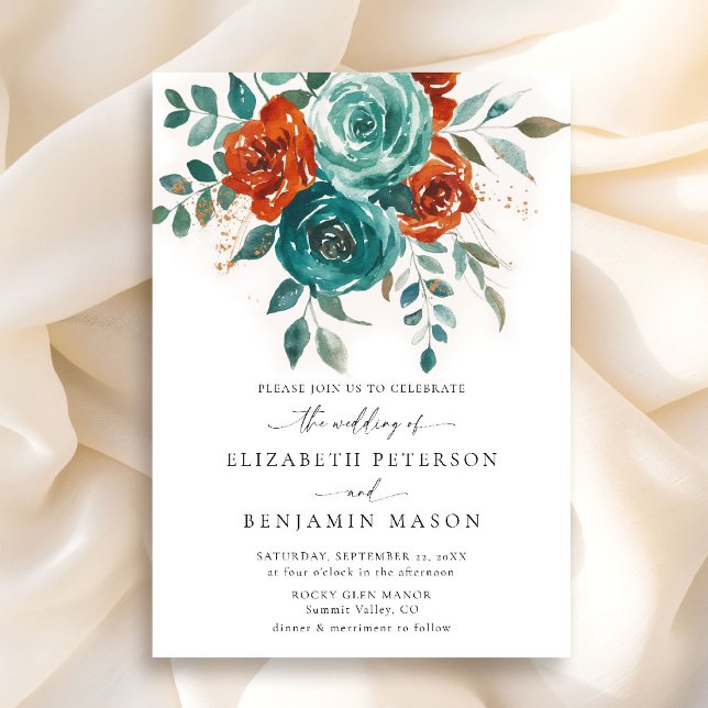 Invitación Cae Naranja quemado Verde azulado Floral Elegante  (fall wedding invitation teal burnt orange terracotta watercolor floral botanical earthy garden chic)