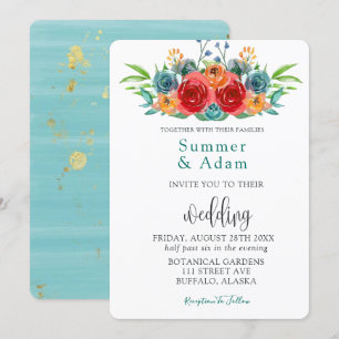 Invitación Cae Naranja Rojo Verde azulado Rosas de acuarela B