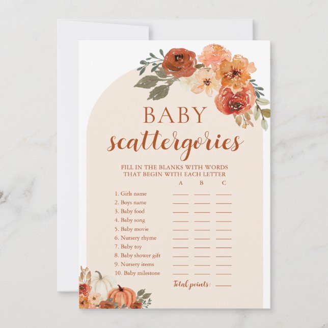 Invitación Cae Pequeña Calabaza Baby Shower Scattegories Jueg (Anverso)