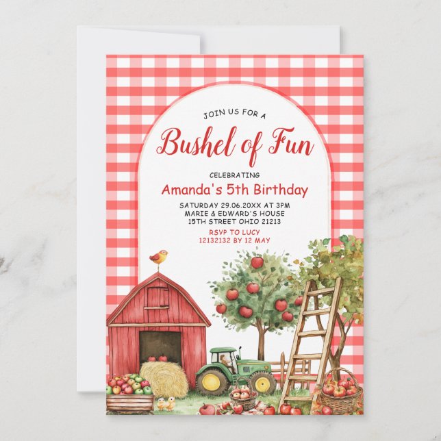 Invitación Cae Red Gingham Bushel de cumpleaños divertidos (Anverso)