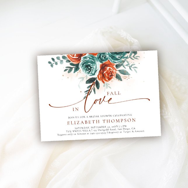 Invitación Cae Rosas románticos de Boho verde ducha de novia (fall in love bridal shower invitation teal burnt orange terracotta watercolor floral horizontal)