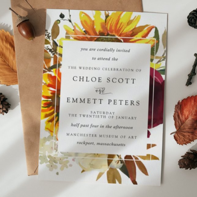 Invitación Cae Sunflowers Rosa de Borgoña Boda moderno (Subido por el creador)