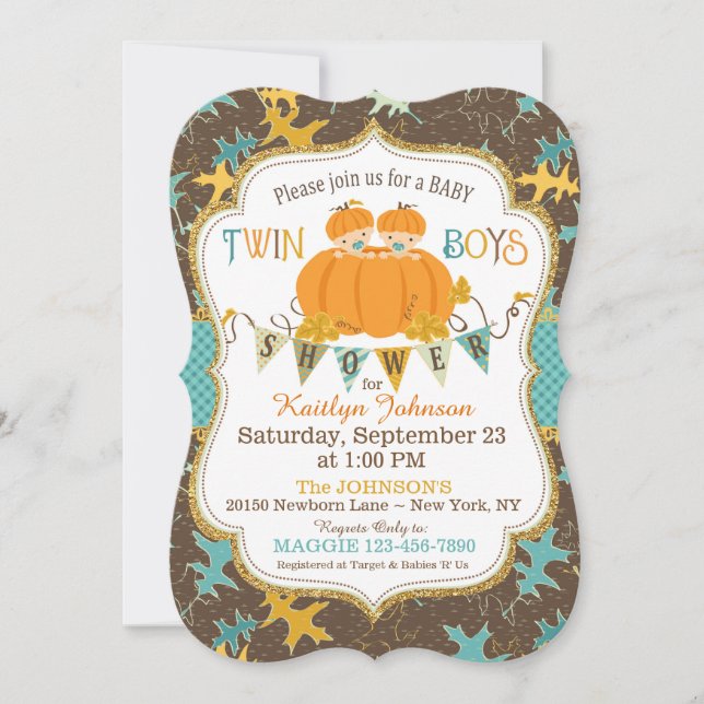 Invitación Cae un niño gemelo de calabaza deja Baby Shower (Anverso)