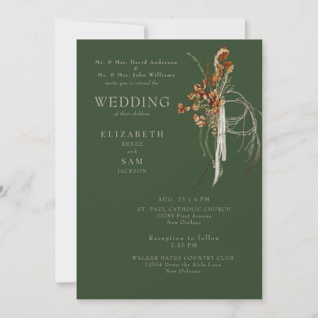 Invitación Cae Wispy Boho Forest Green a ambos padres (Anverso)