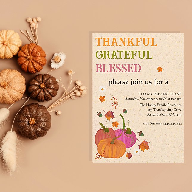 Invitación Caen las Calabazas Benditas Agradecidas (Thanksgiving dinner invitations pumpkins, thankful, grateful and blessed. Easy to personalize)