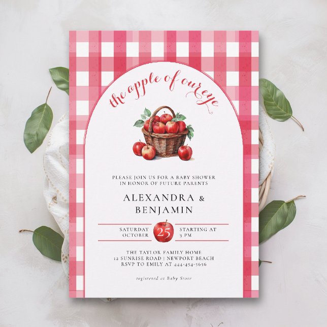 Invitación Caer Apple Harvest Rústic Couple Baby Shower (fall baby shower invitation neutral coed couple apple of our eye harvest red gingham boho arch)