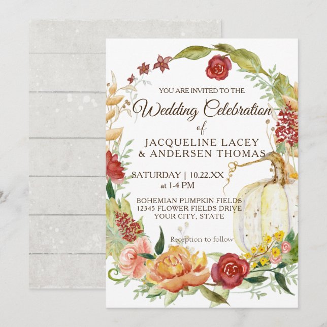 Invitación Caer Borgoña Floral Calabaza Blanca Boda de guirna (Anverso / Reverso)