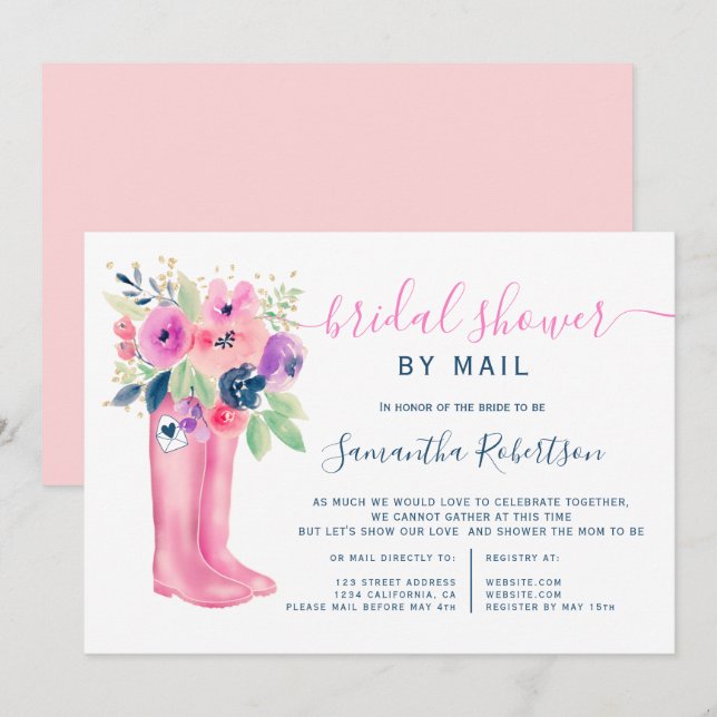 Invitación Caer botas florales acuarela ducha de novia por co (Anverso / Reverso)