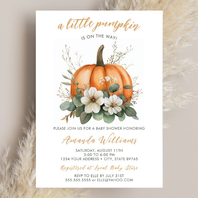 Invitación Caer calabaza en el camino a Baby Shower (A baby shower invitation featuring an orange pumpkin and florals.)
