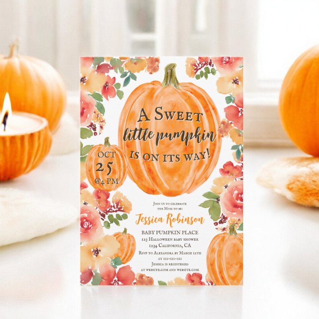 Invitación Caer calabaza floral halloween ducha bebé (Fall little pumpkin floral halloween baby shower invitation)