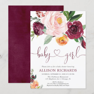 Invitación Caer chica floral ducha de bebé, borgoña rosa