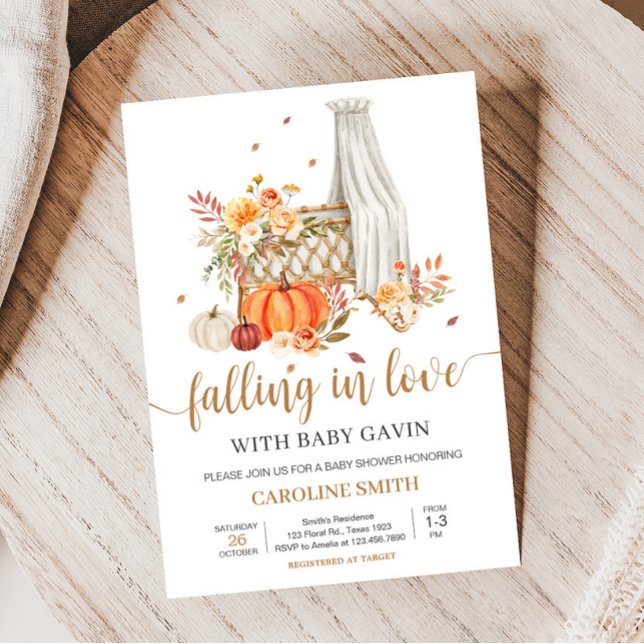 Invitación Caer en amor Naranja Calabaza Baby Shower (Fall Floral Pumpkin Baby Shower Invitation)
