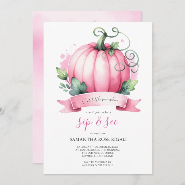 Invitación Caer en Baby Shower Little Pumpkin Sip y ver (Anverso / Reverso)