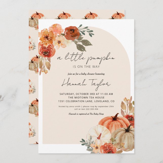 Invitación Caer en Baby Shower un poco de calabaza (Anverso / Reverso)