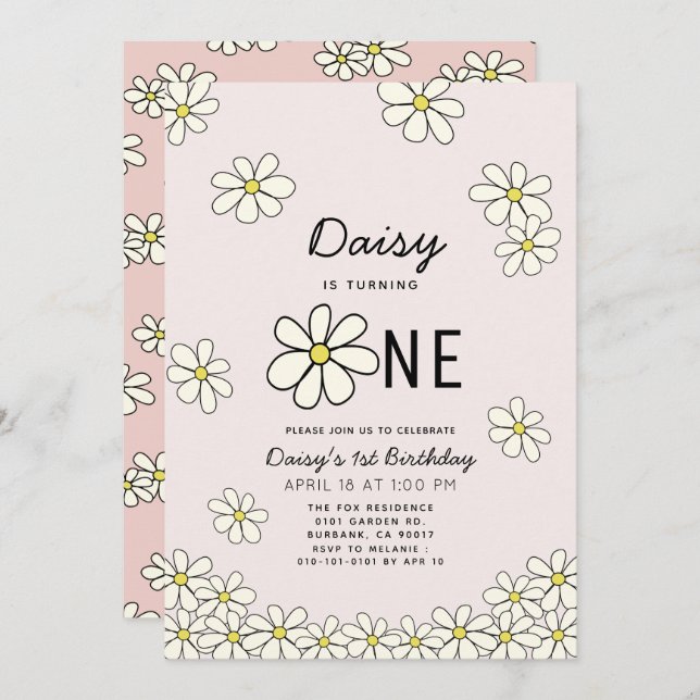 Invitación Caer en Daisies Floral Rosa Primer cumpleaños (Anverso / Reverso)