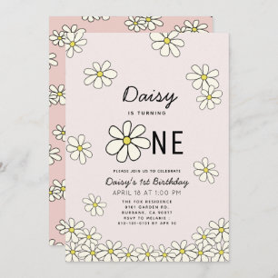 Invitación Caer en Daisies Floral Rosa Primer cumpleaños