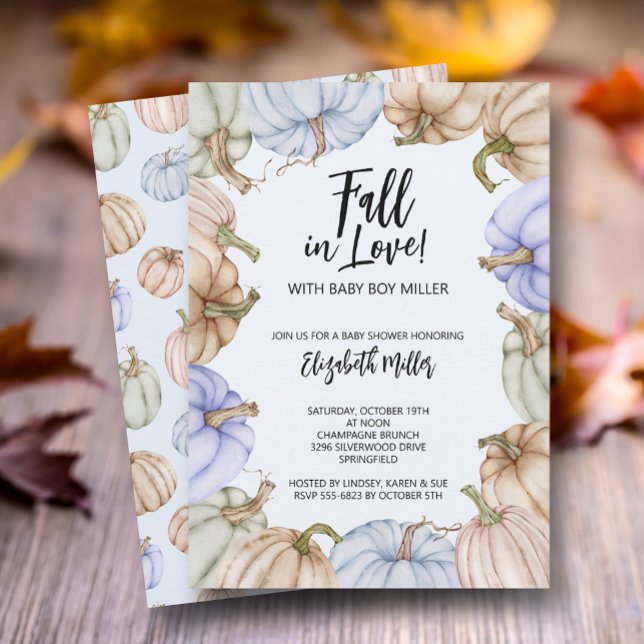 Invitación Caer en el amor Blue Pumpkins Baby Shower (Blue pumpkins boy baby shower Fall In Love invitations, INSTANT DOWNLOAD and/or PRINTED)