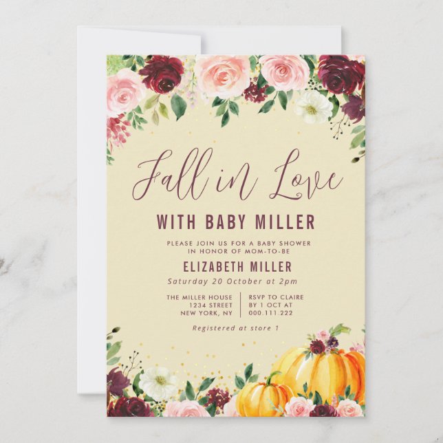 Invitación caer en el amor blush burgundy ducha de bebé flora (Anverso)