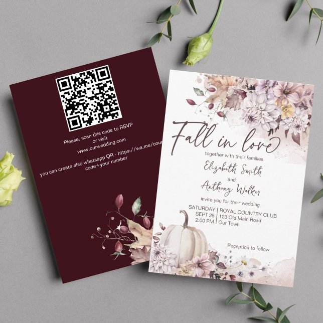 Invitación Caer en el amor boda de calabaza (Fall in love autumn wedding invitation template pastel pumpkin chrysanthemum floral muted colors )