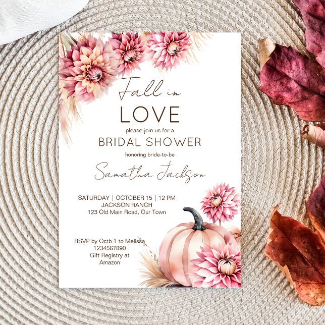 Invitación Caer en el amor boho calabaza dahlias ducha de nov (Fall in love bridal shower template invitation earthy boho desert pink pumpkins and dahlias pampas)