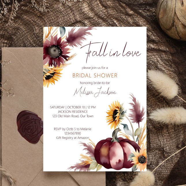 Invitación Caer en el amor boho calabaza girasol ducha de nov (Fall in love boho bridal shower template invitation digital download burgundy pumpkins sunflowers)