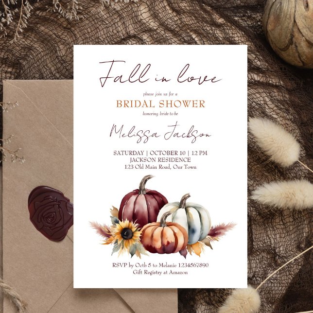 Invitación Caer en el amor boho calabaza girasol ducha de nov (Fall in love burgundy pumpkins sunflowers bridal shower template invitation digital download autumn)