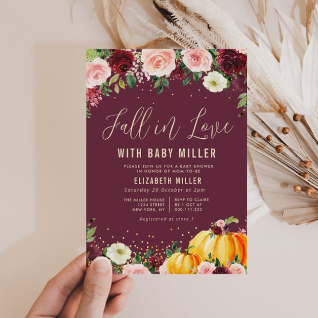 Invitación caer en el amor burgundy floral ducha bebé (Subido por el creador)