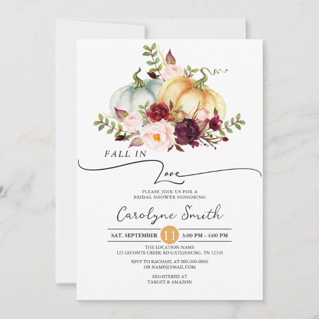 Invitación Caer en el amor Calabaza Floral Bridal Shower (Anverso)