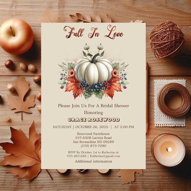 Invitación Caer En El Amor De Las Calabazas Paisaje Ducha De  (Fall In Love Pumpkins Country Beige Bridal Shower Invitation)