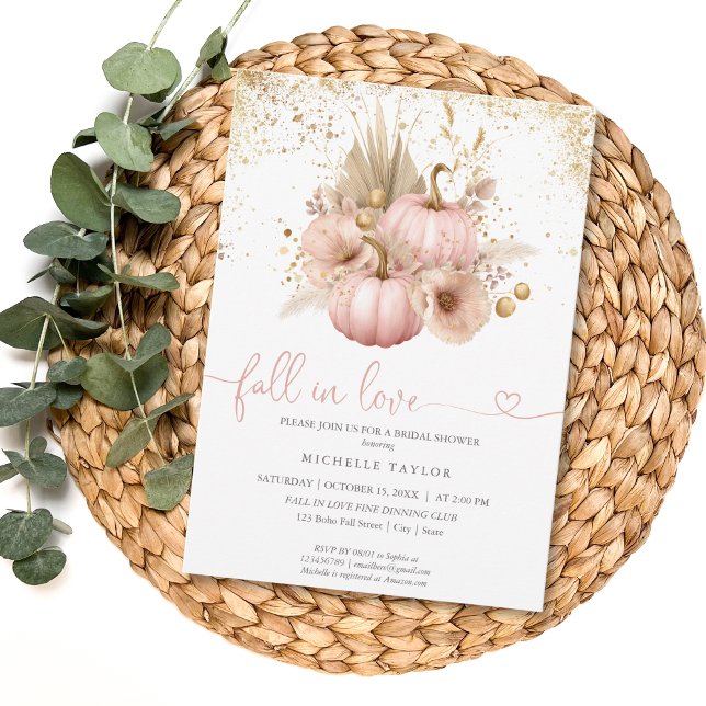 Invitación Caer en el amor Ducha de novia Boho Flores Calabaz (blush pink boho pumpkin with gold glitter)