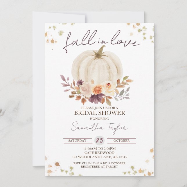 Invitación Caer en el amor ducha de novia, calabaza blanca de (Anverso)