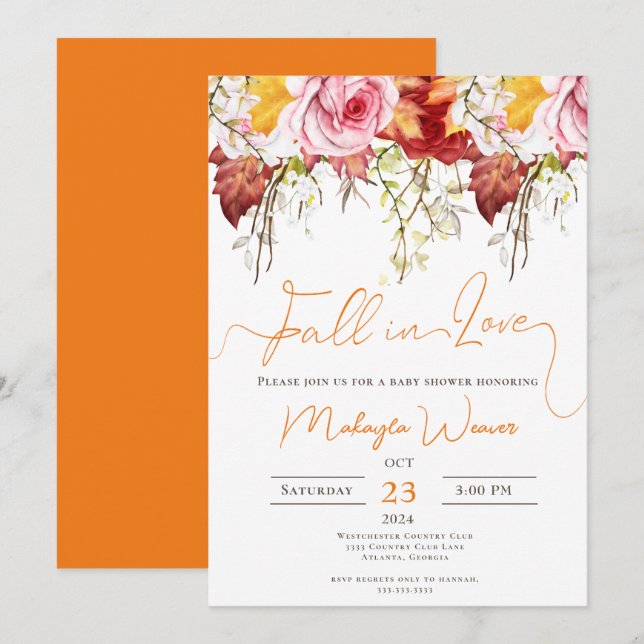 Invitación Caer en el amor Editable Baby Shower otoño (Anverso / Reverso)