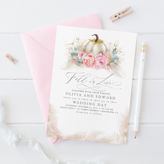 Invitación Caer en el amor Elegante Boda Flores Rosadas Calab (Subido por el creador)
