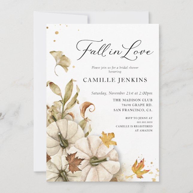 Invitación Caer en el amor Elegante ducha de novia de calabaz (Anverso)